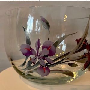 Beautiful Hand Painted Lavender Iris Floral Crystal Bowl